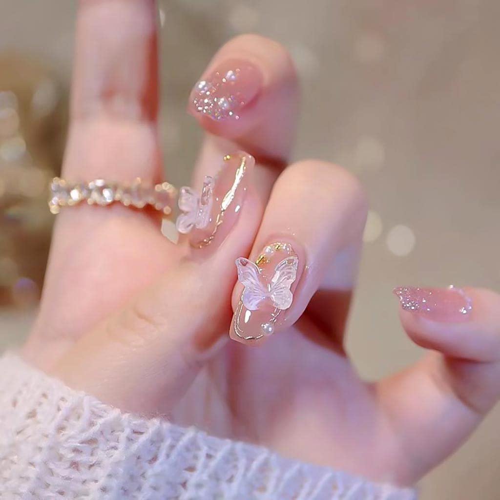 Pink Press on Nails Medium Fake Nails Coffin Nails for Women with Butterflies Design Glossy Nails