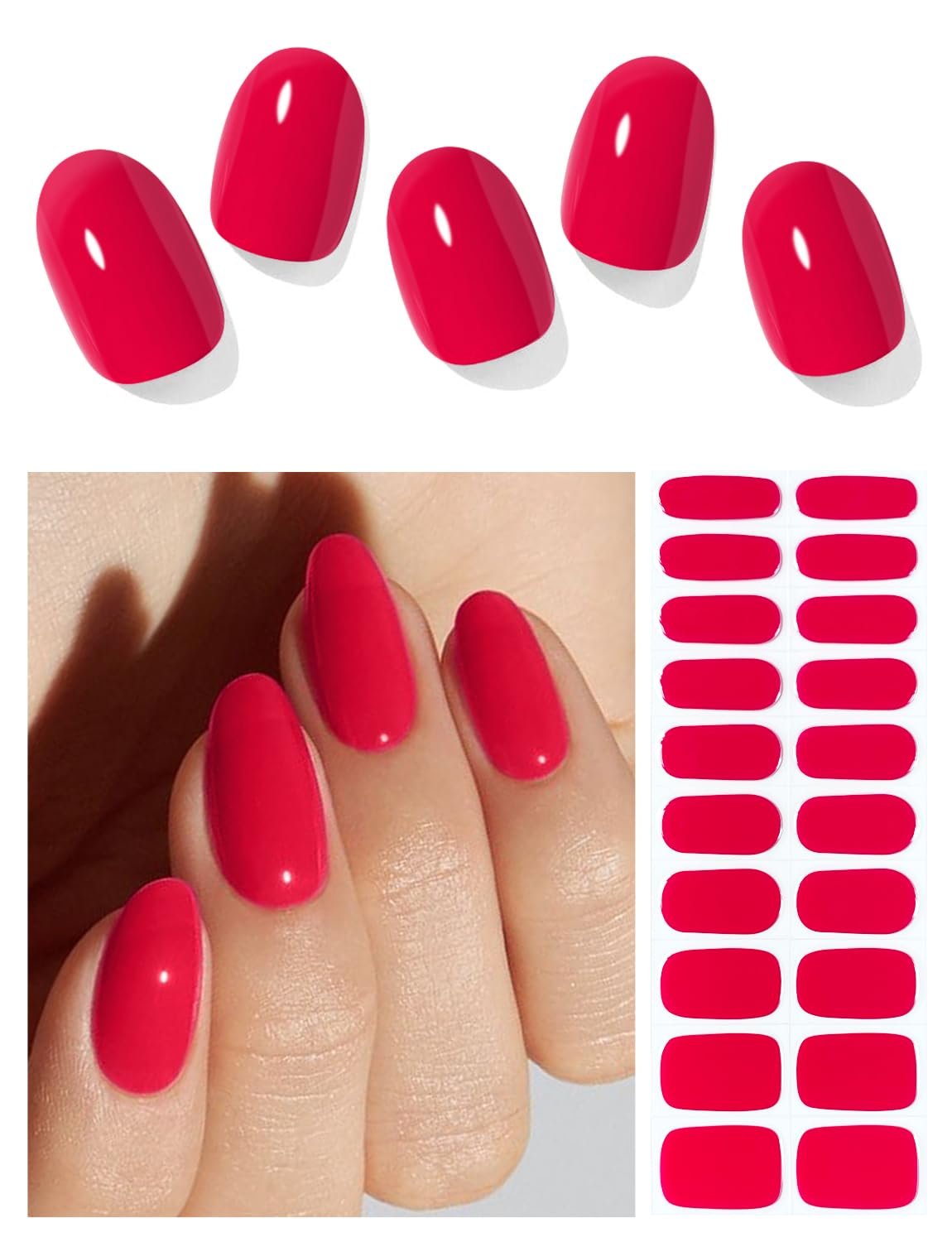 Semi Cured Gel Nail Strips (A Red), 20 Pcs Gel Nail Wraps, Stickers, Light Required, Salon Quality, Long Lasting