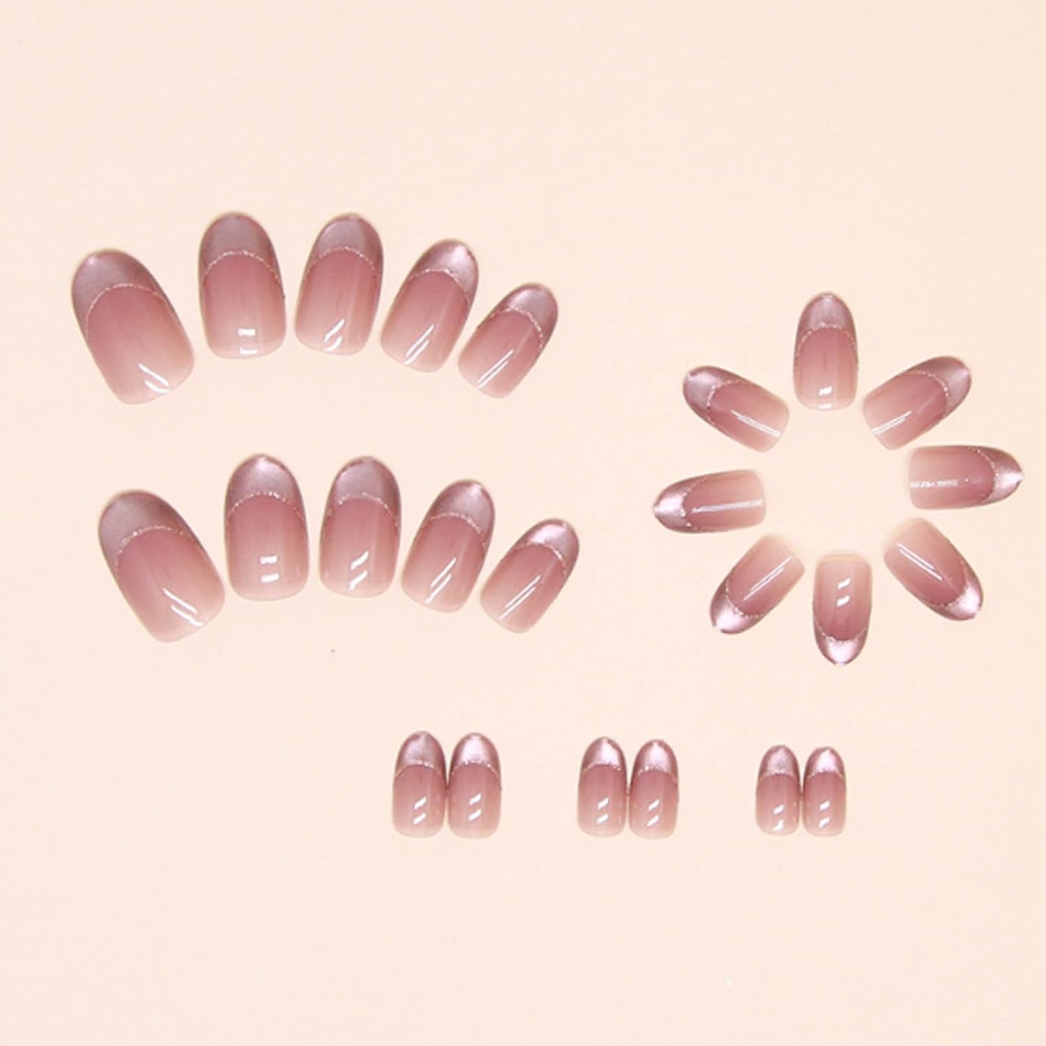 Medium Press on Nails Nude Gradient Shiny Fake Nails Tips Full Cover False Pink Nails for Women and Girls 24PCS - Image 2
