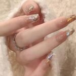 Coffin Press on Nails Nude Medium Fake French Nails Tips Full Cover Rhinestones False Nails for Women 24PCS