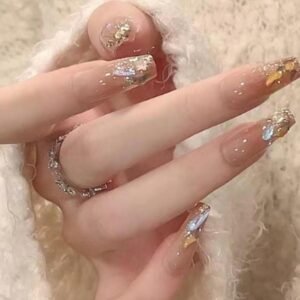 Coffin Press on Nails Nude Medium Fake French Nails Tips Full Cover Rhinestones False Nails for Women 24PCS