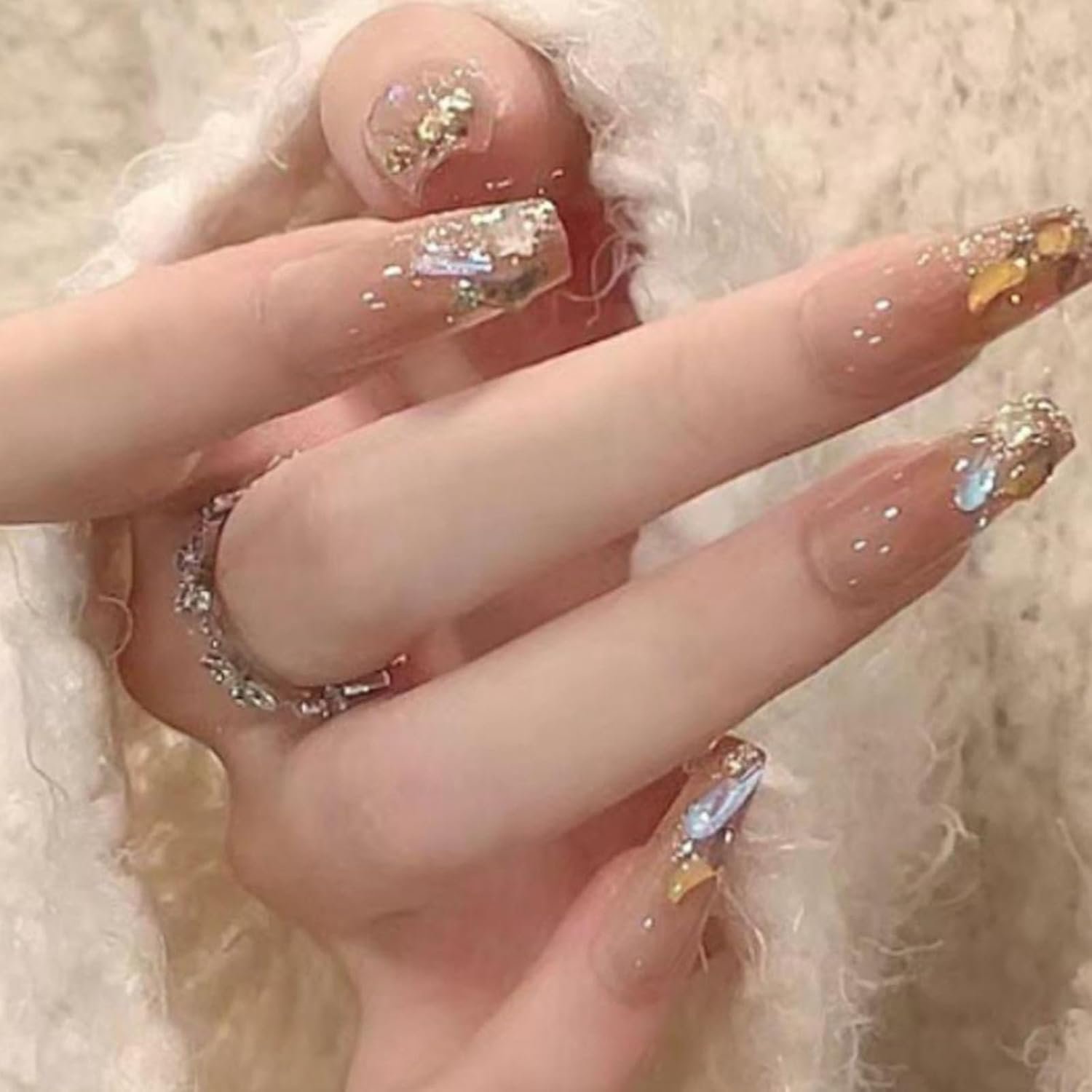 Coffin Press on Nails Nude Medium Fake French Nails Tips Full Cover Rhinestones False Nails for Women 24PCS