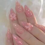 Pink Press on Nails Medium Bow Fake Nails Tips Full Cover Almond False Cute Nails for Women and Girls 24PCS