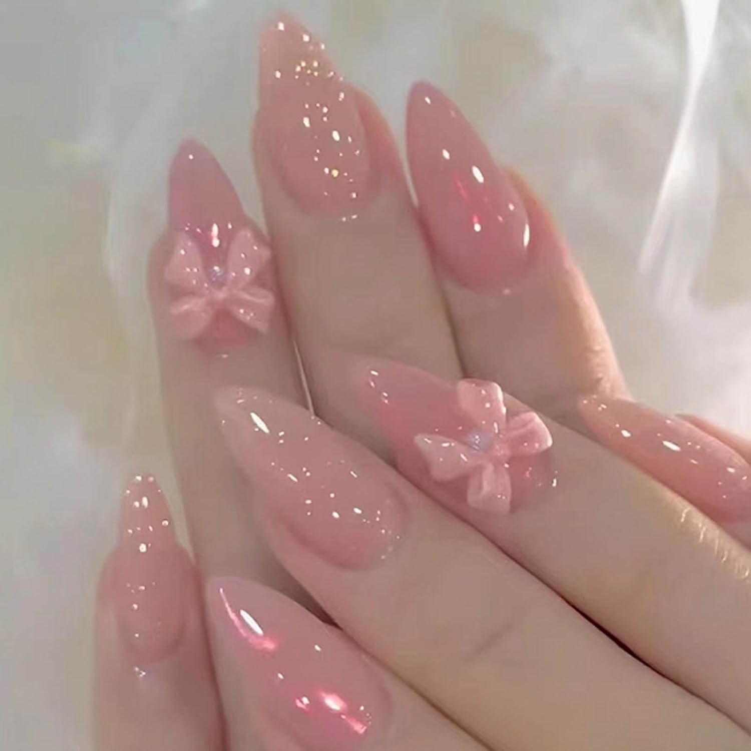 Pink Press on Nails Medium Bow Fake Nails Tips Full Cover Almond False Cute Nails for Women and Girls 24PCS