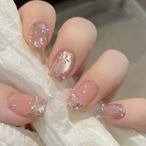 Flower Fake Nails Tips Pearl French Press on Nails Full Cover Square False Medium Nails for Women 24PCS