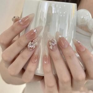 Nude Press on Long Nails Design,Almond  Daily Shiny Fake Nails,Reusable Bling Sequins False Nail Kits for Women