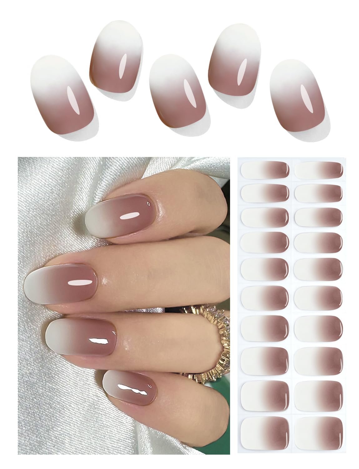 Semi Cured Gel Nail Strips, Chocolate Ombre? 20pcs Gel Nail Stickers Work with , Easy to Use and Remove