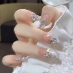 Rhinestones Press on Nails Nude Long Fake Nails Tips Full Cover Coffin False Nails for Women and Girls 24PCS