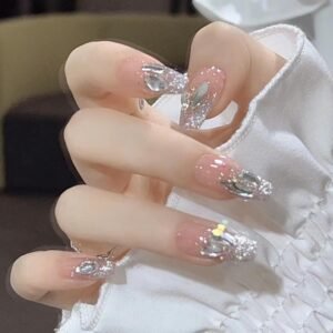 Rhinestones Press on Nails Nude Long Fake Nails Tips Full Cover Coffin False Nails for Women and Girls 24PCS