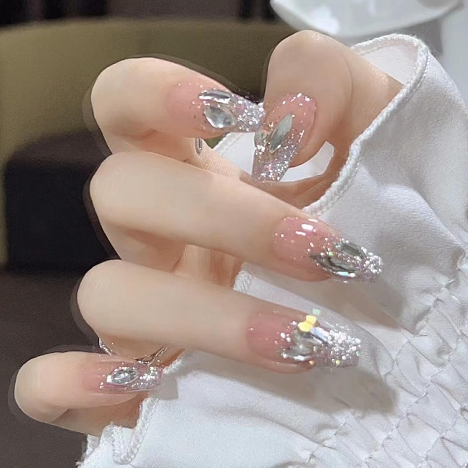 Rhinestones Press on Nails Nude Long Fake Nails Tips Full Cover Coffin False Nails for Women and Girls 24PCS