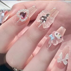 24Pcs Nude Press On Medium Square Glossy Glue On Nails With  Kawaii Heart Bow Charms Design French Stick On Cute False Artificial  Nails For Women Girls Manicure
