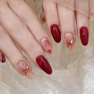 Medium Press on Nails Red Fake Nails Tips Full Cover Almond False Nails for Women 24PCS